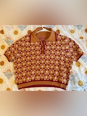 Cider Women’s Geometric V-Neck Polo Sweater in Rust & Burgundy